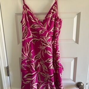 Vibrant Pink Leaf Print Mini Dress